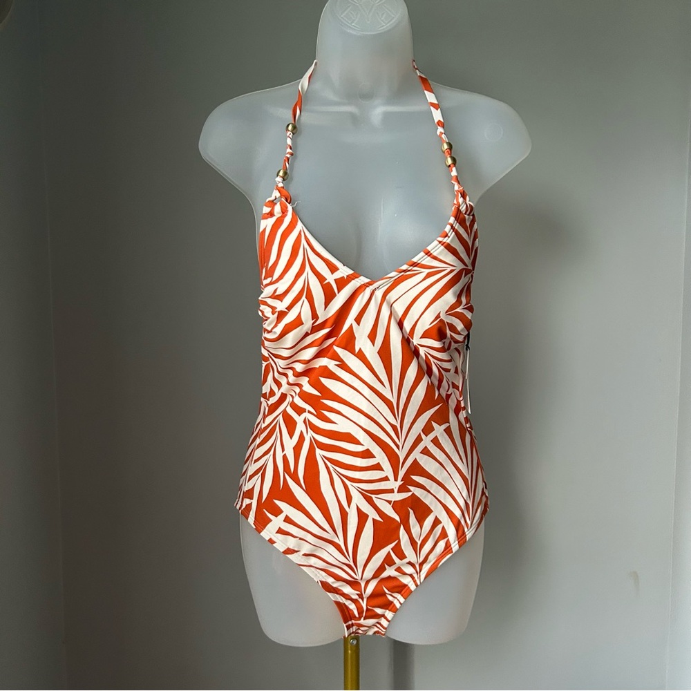 Shade and Shore Women’s one piece Orange and White Leaf Print Swimsuit size S